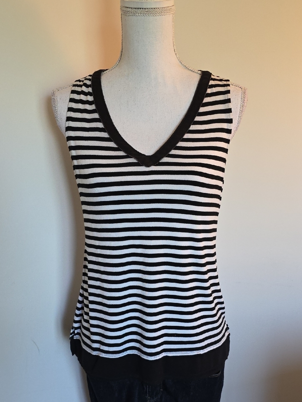 White House Black Market Black & White Striped V-Neck Tank
